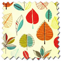 Kitchen Roman Blinds, Lime Green, Orange, Blue & Red Leaves Fabric